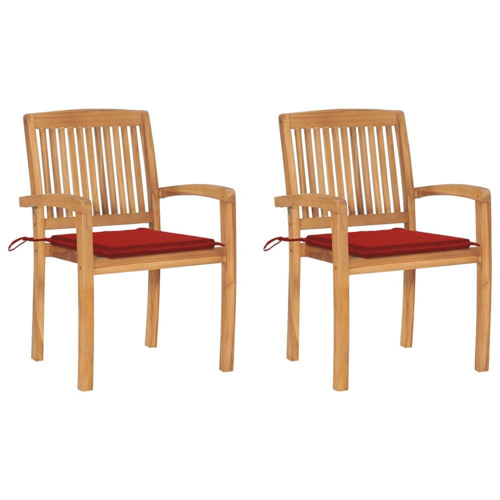 Vidaxl Záhradné stoličky 2 ks, červené podložky, tíkový masív